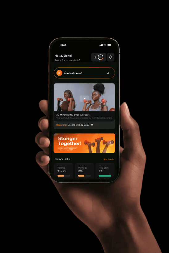 Fitness Space app shown on a phone held in hand